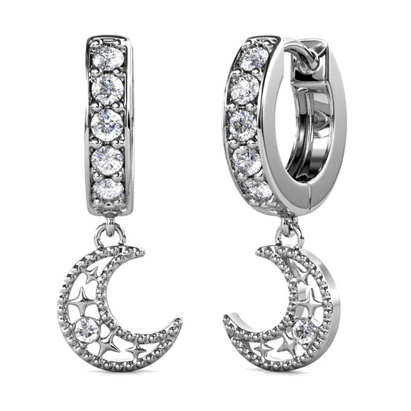 Crescent Moon Huggie Hoop Pendant Earrings Australian Crystals - Picture 1 of 8